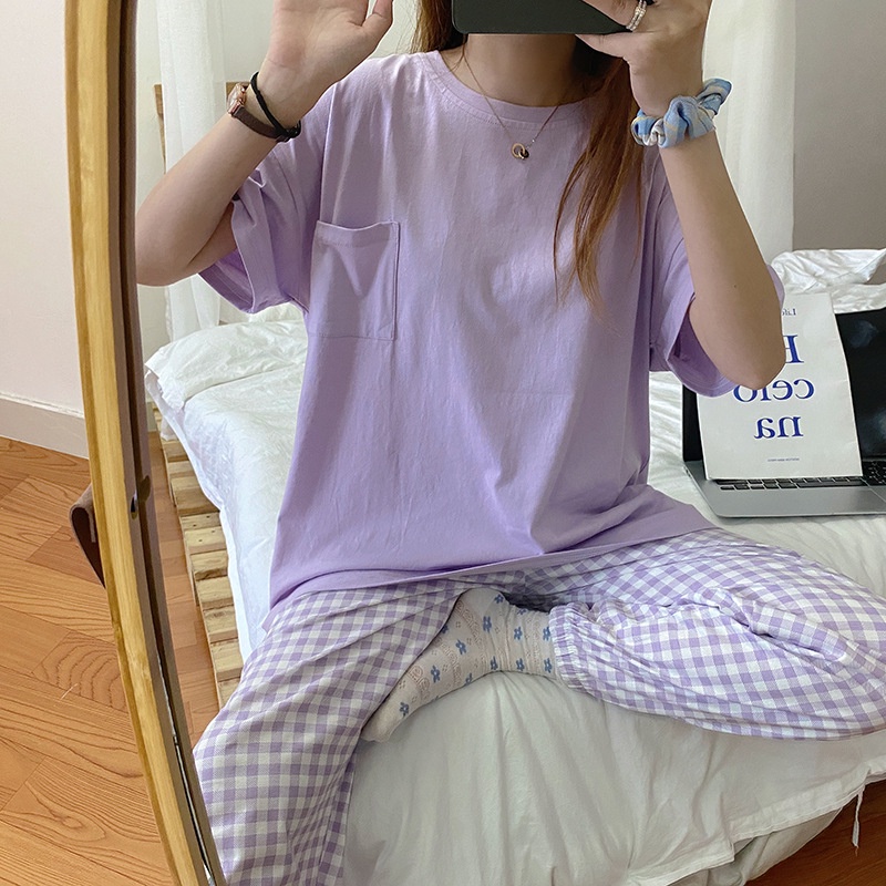 1 set đồ ngủ áo thun tay ngắn màu trơn + quần dài sọc caro đơn giản phong cách Hàn Quốc cho nữ