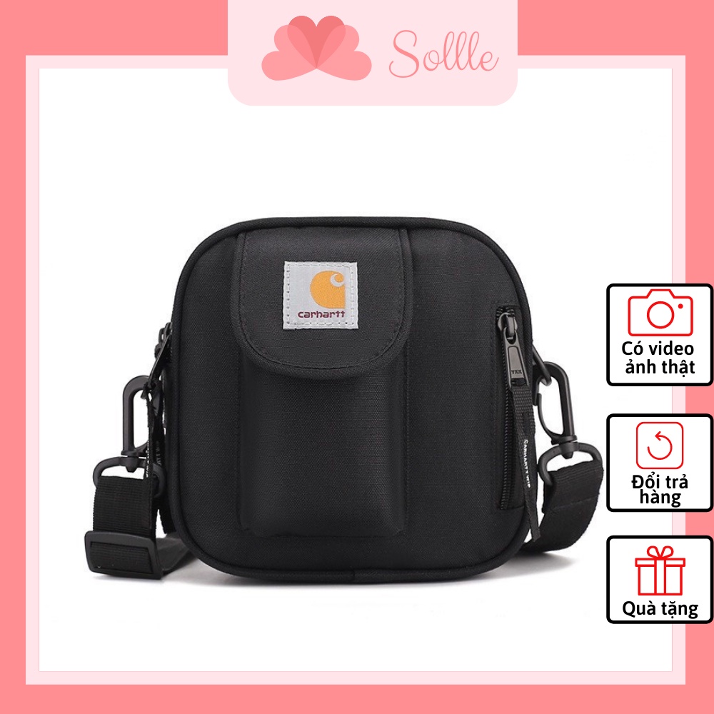 Túi canvas đeo chéo mini đen hộp vuông nhiều ngăn vải dù chống nước Sollle TDC006