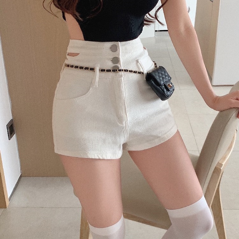 Quần Short Denim Lưng Cao Thiết Kế Khoét Lỗ Quyến Rũ