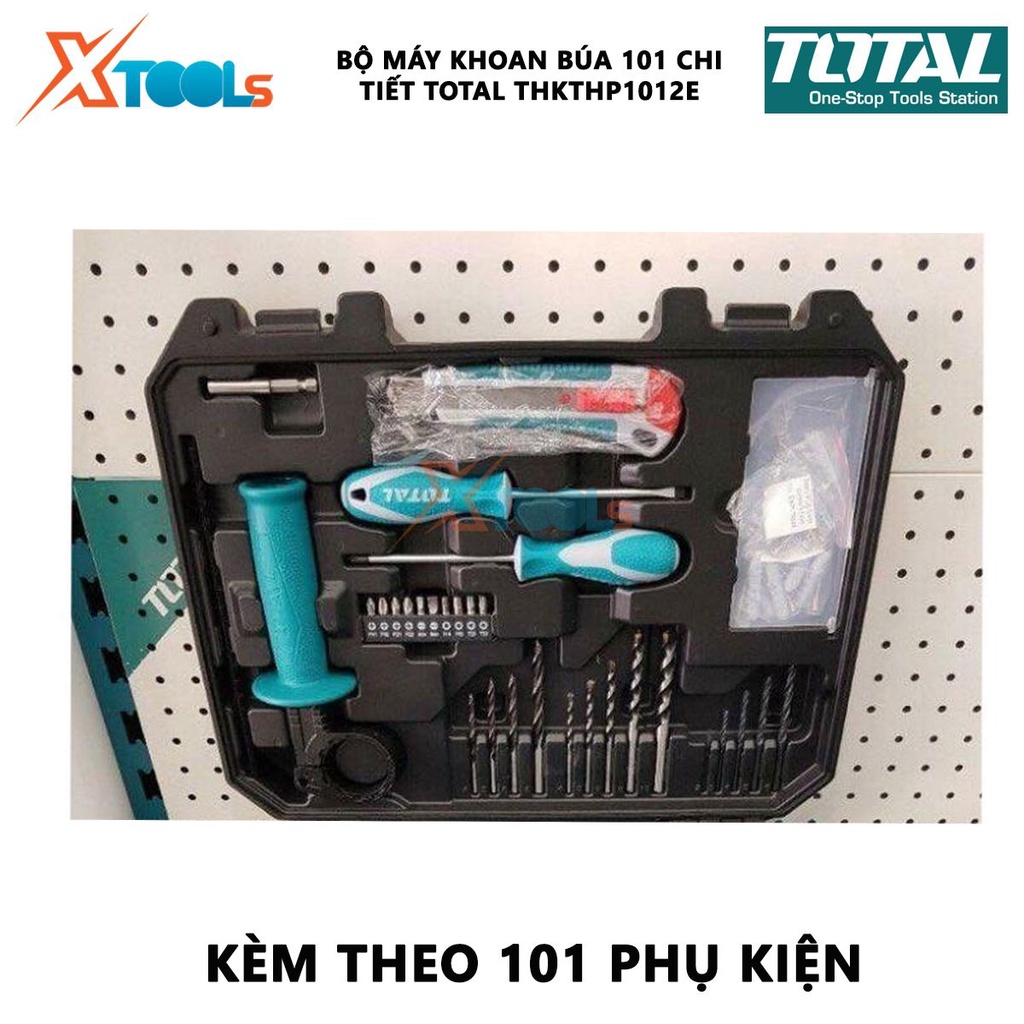 Bộ máy khoan cầm tay có búa 101 dụng cụ TOTAL THKTHP1012E công suất 650w, tốc độ 3000 rpm, khả năng khoan 13mm, có chỉnh