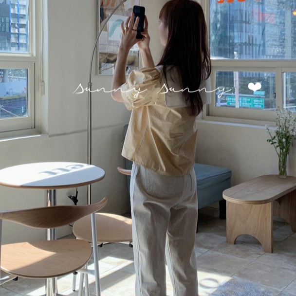 Áo kiểu tay phồng cổ chữ V thời trang cho nữ tùy chọn màu sắc 33601