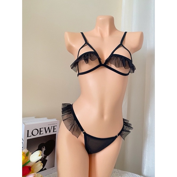 Bk057 Bộ đồ lót lưới nhún bèo - set gồm quần lót và áo lót nữ - Camluu99