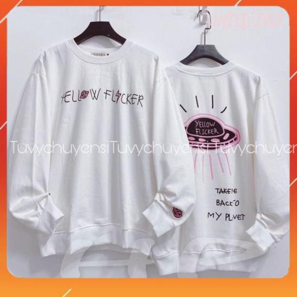 Sweater nữ TUVYSHOP Áo đĩa bay Yello 2 mặt in tay bo gấu nỉ dày ấm tay bồng 2 màu xanh trắng
