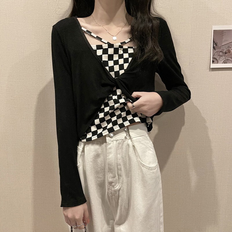 【ZHELIHANGFEI】 Áo Dệt Kim Tay Dài Giả Hai Lớp Dáng Ngắn