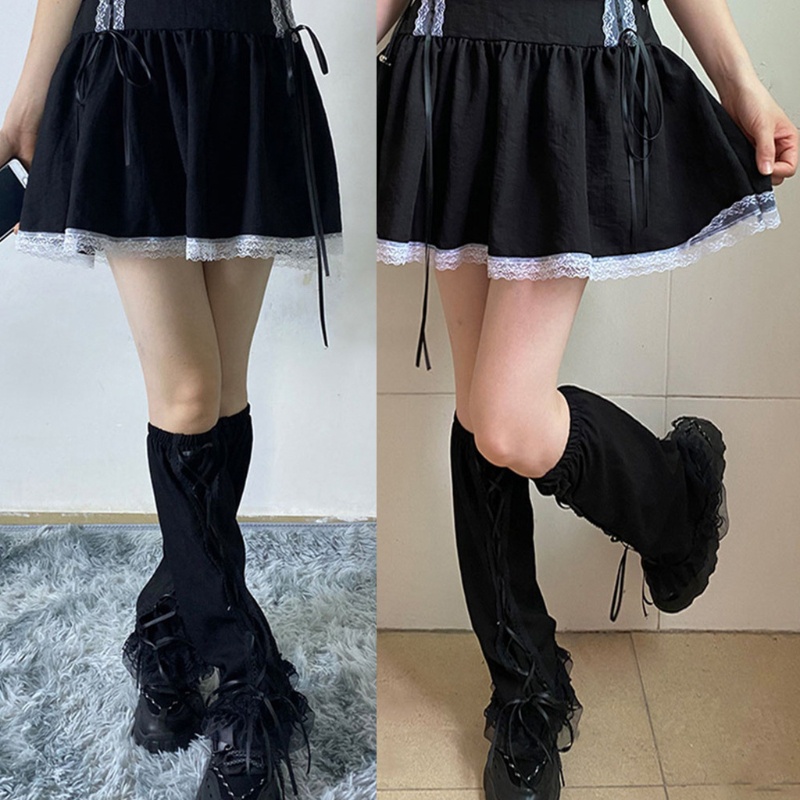 Xiangbao Vỏ Bọc Chân Cột Dây Phối Bèo Màu Đen Phong Cách Punk Lolita Giữ Ấm Cho Nữ