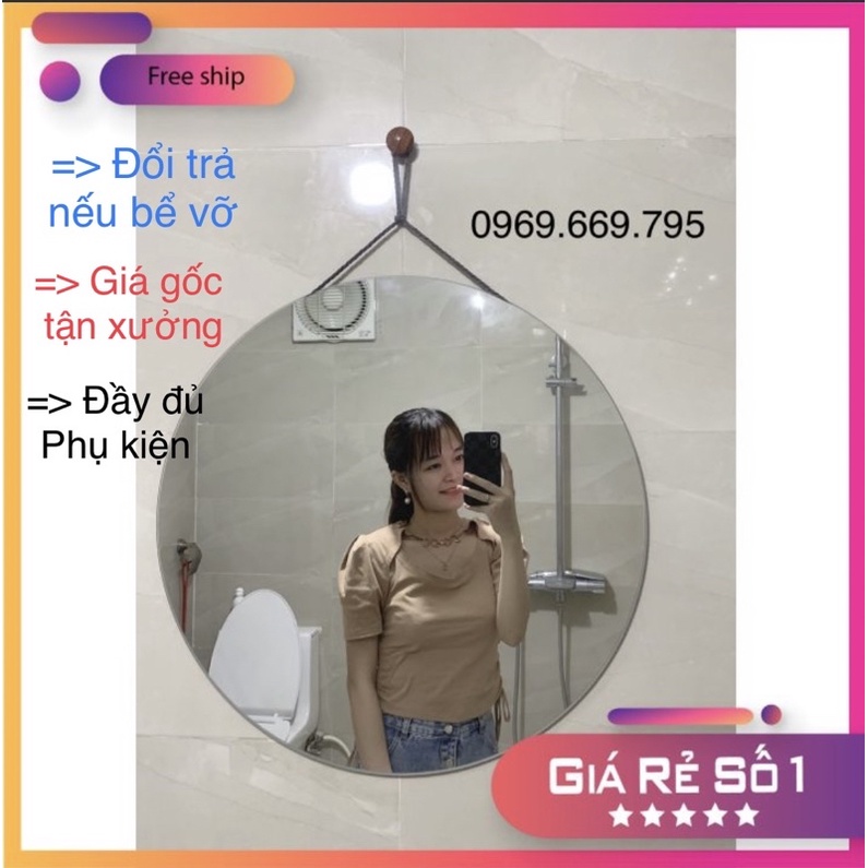 Gương tròn treo tường trụ gỗ đường kính 50cm Noithatnhatnam, Gương dán tường dán mọi bề mặt