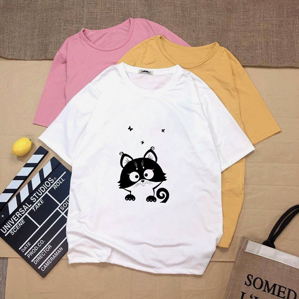 Áo thun unisex tay lỡ mèo ngộ nghĩnh vải dày mịn 20N1243