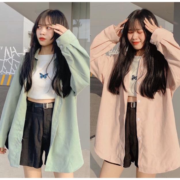 Áo khoác sơ mi nữ form rộng ulzzang hàn quốc - chất liệu nhung gân dáng dài - UNIXES streetwear