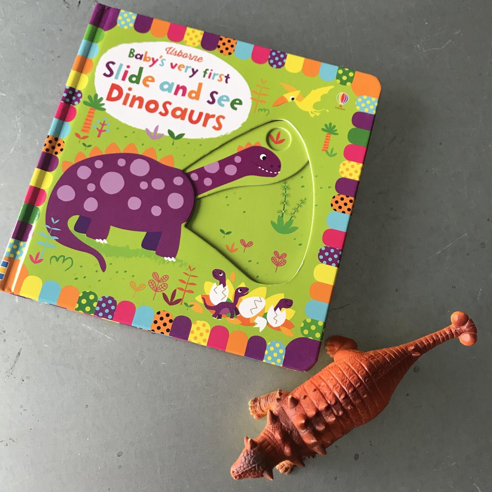 Sách chuyển động thông minh khủng long Baby's Very First Slide and See Dinosaurs Usborne cho bé 1 tuổi trở lên