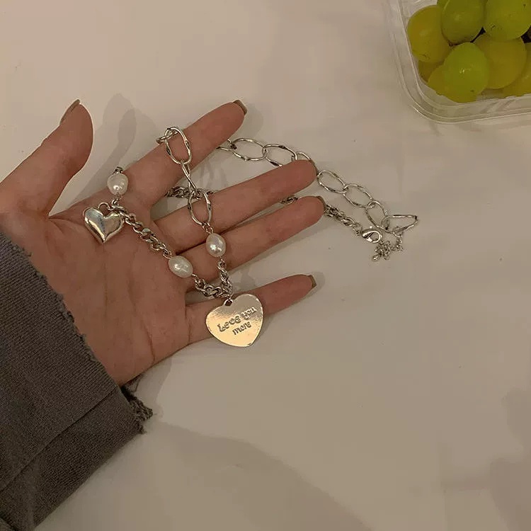 Vòng cổ bạc mặt trái tim đính ngọc trai thời trang cho nữ