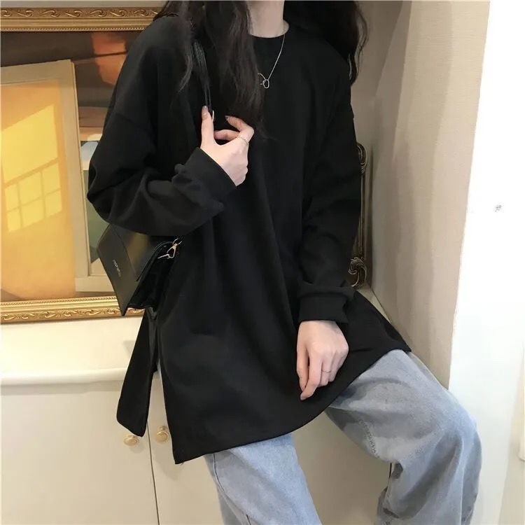 Áo Thun COZOK Tay Dài Cổ Tròn Xẻ Tà Thời Trang Dễ Phối Đồ Cho Nữ