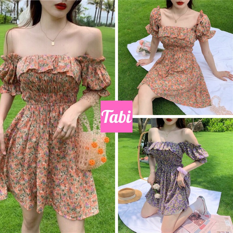 [Mã FASHIONGREEN194 giảm 10% tối đa 30K đơn 99K] Váy hoa nhí, đầm trễ vai tay ngắn loe vải voan hoa xinh cực