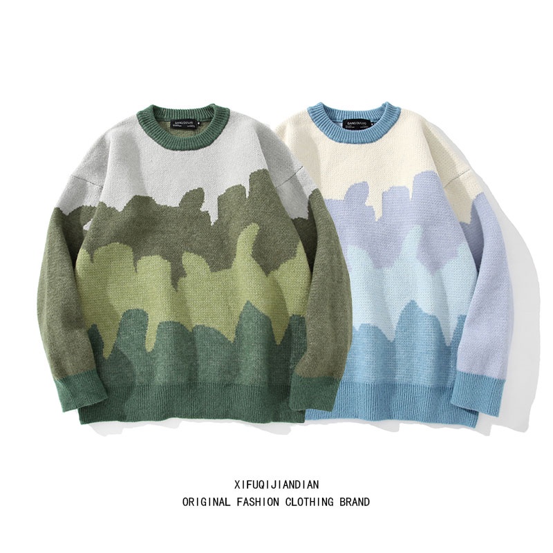 Áo sweater cổ tròn dáng rộng màu sắc tương phản phong cách Harajuku Nhật Bản dành cho nam