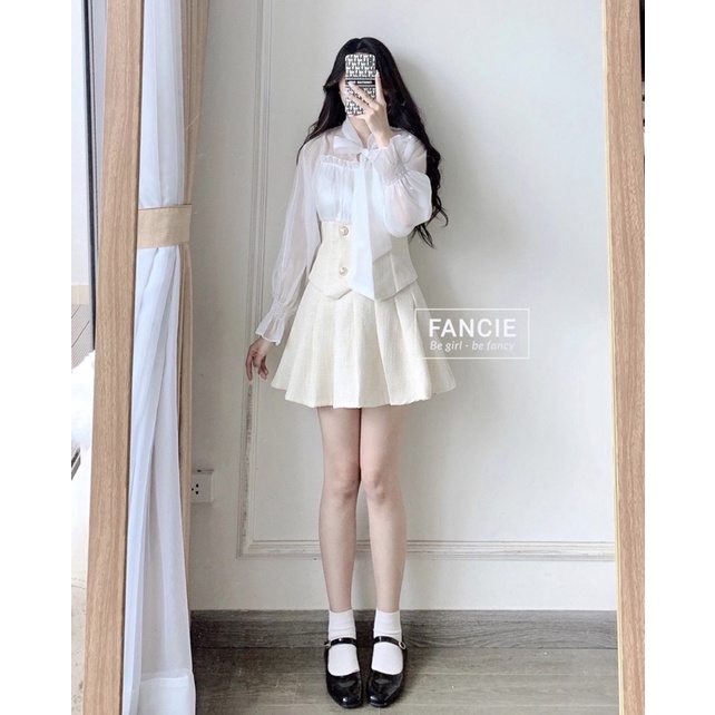 SET ÁO TRẮNG PHỐI TAY VOAN NƠ CỔ + CHÂN VÁY XẾP