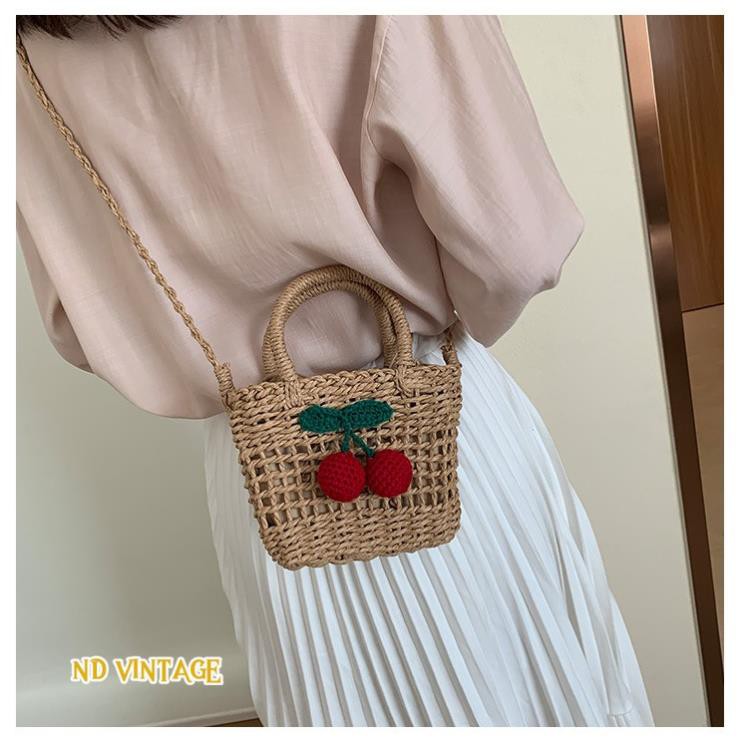 Túi Cói Đi Biển Đeo Chéo, Gắn Quả Cherry, Có Dây Rút Giữ Đồ, Shop Tặng Kèm Nơ Xinh Xắn | BigBuy360 - bigbuy360.vn