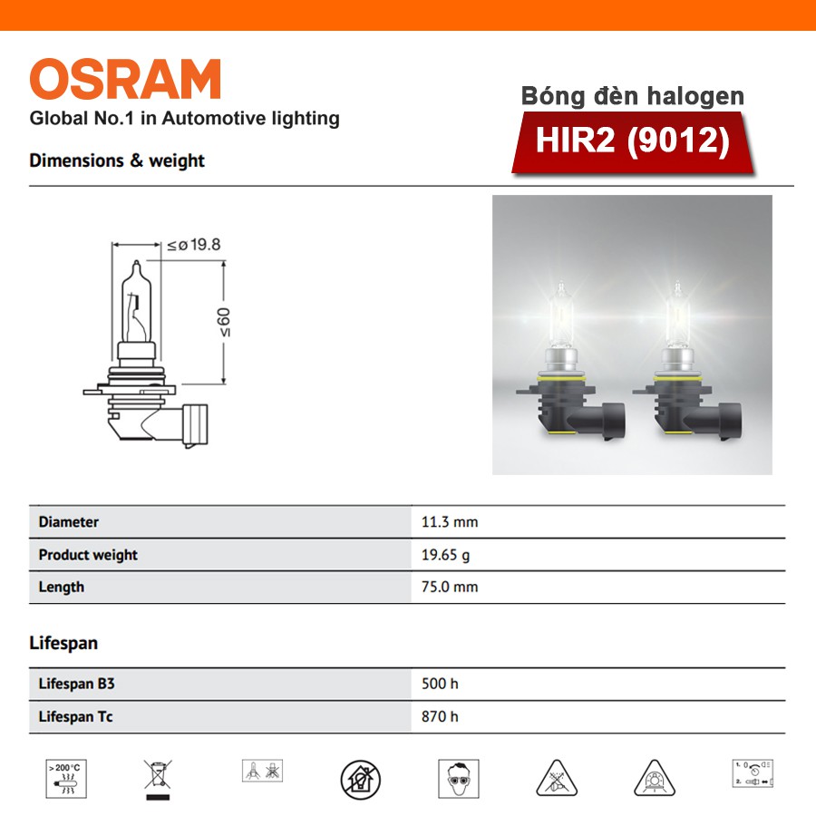 [Mã BMBAU300 giảm 10% đơn 499K] Bóng Đèn Halogen OSRAM Original HIR2 12V 55W (Chân Cong) Nhập Khẩu Chính Hãng
