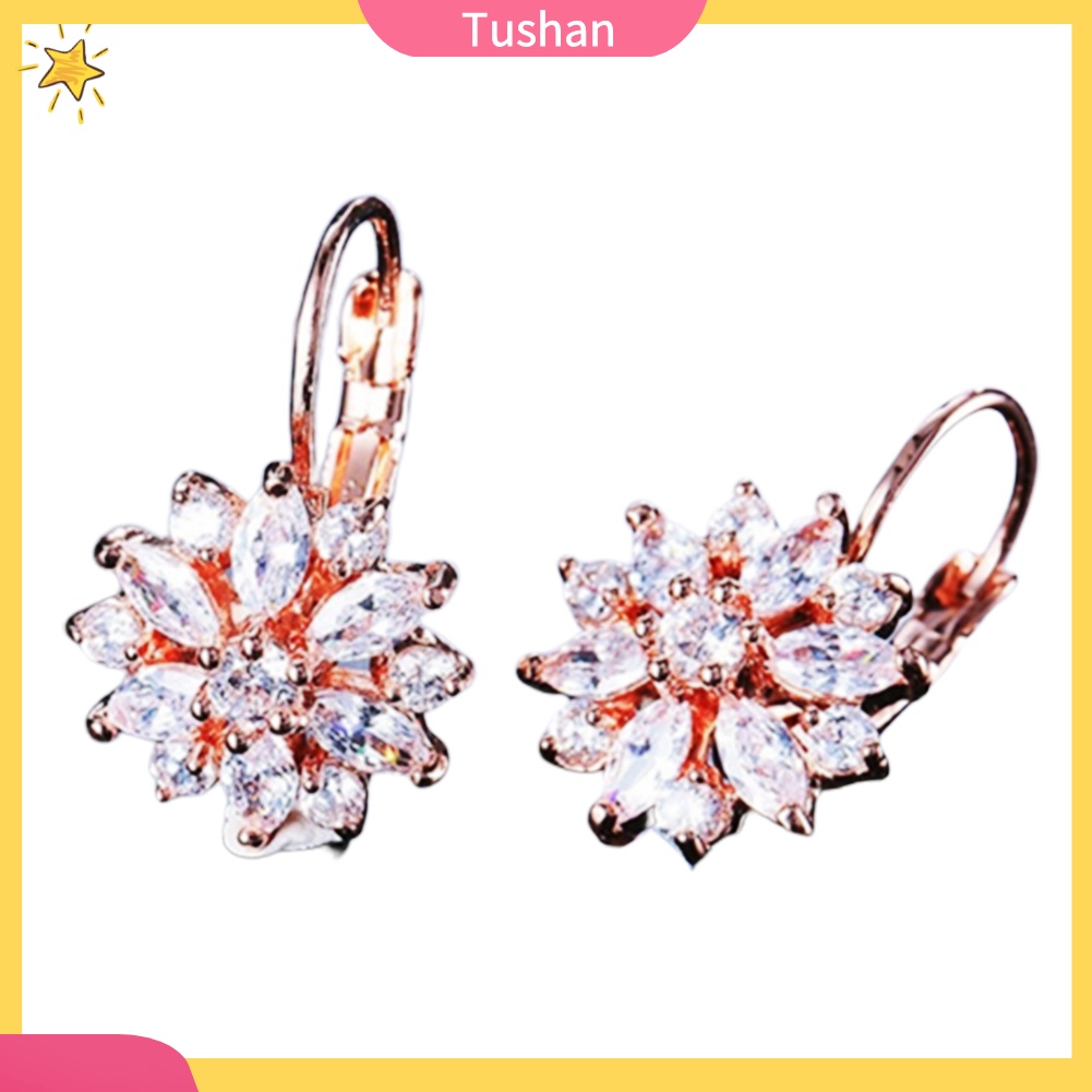 TUSH_Cubic Zirconia Inlaid Sunflower Dangle Leverback Earrings Chic Lady Jewelry Gift