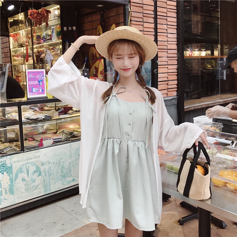 SUXI Đầm Hai Dây Dáng Chữ A Họa Tiết Caro Màu Sắc Ngọt Ngào Phong Cách Hàn Quốc