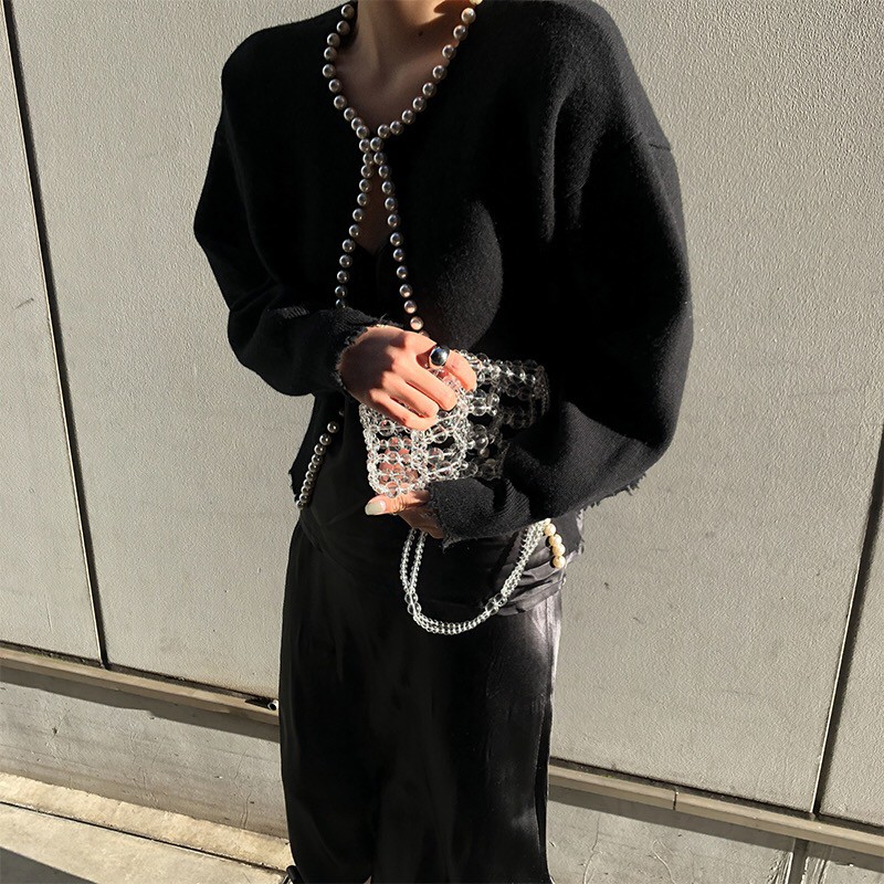 Áo Khoác Cardigan Dệt Kim Tay Dài Đính Ngọc Trai Phong Cách Blackpink