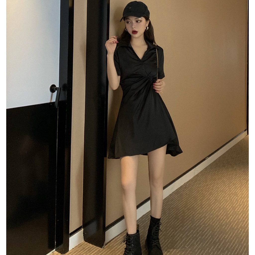 Đầm Chữ A Cổ Polo Màu Đen Phong Cách Hàn Quốc Thời Trang Cho Nữ