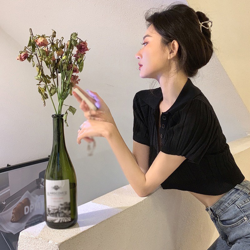 Áo Croptop Dệt Kim Tay Ngắn Màu Sắc Đơn Giản Phong Cách Hàn Quốc Cho Nữ