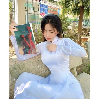 Áo dài nữ sinh lụa màu trắng xanh