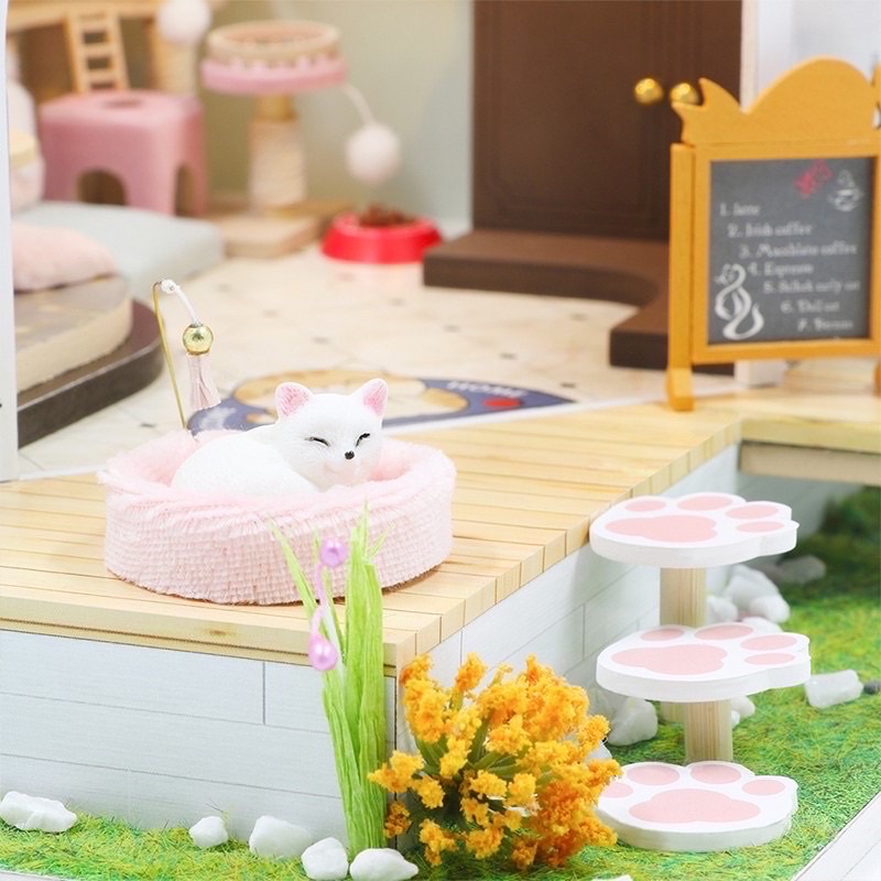 (Tặng mica,keo sữa,đèn)Mô hình gỗ bé lắp ráp đô chơi Diy house doll Nhà búp bê tự làm tiệm cafe mèo M2111