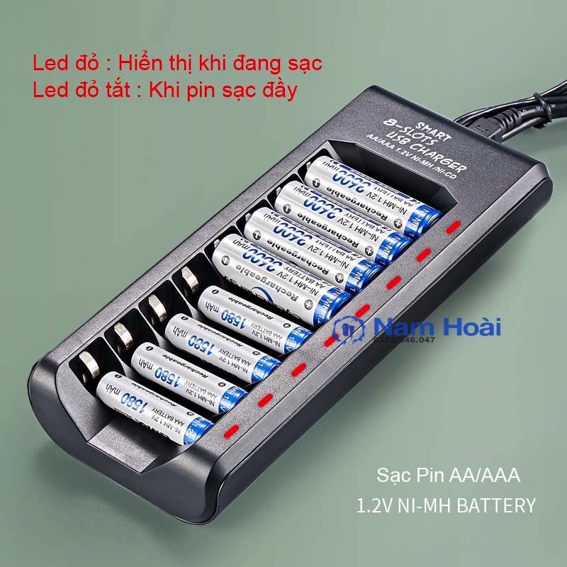 Bộ sạc 8 khe pin AA/AAA (pin tiểu sạc lại) BMAX 908U, 8 khe sạc thông minh tự ngắt nguồn hoàn toàn