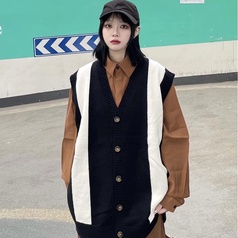 Áo cardigan len không tay dáng rộng màu sắc tương phản phong cách harajuku dành cho nam giới áo sweater khoác  thời trang áo tay lỡ  phối hàn áo dệt kim