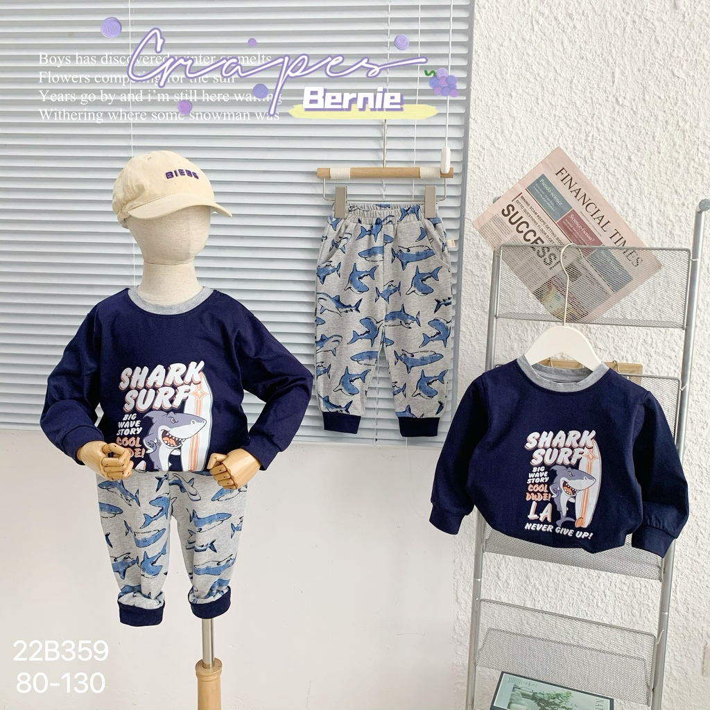 Bộ đồ thu đông bé trai, bộ thu đông bé trai, sét gồm áo và quần giả bò,  họa tiết Cá mập, size 8-22kg