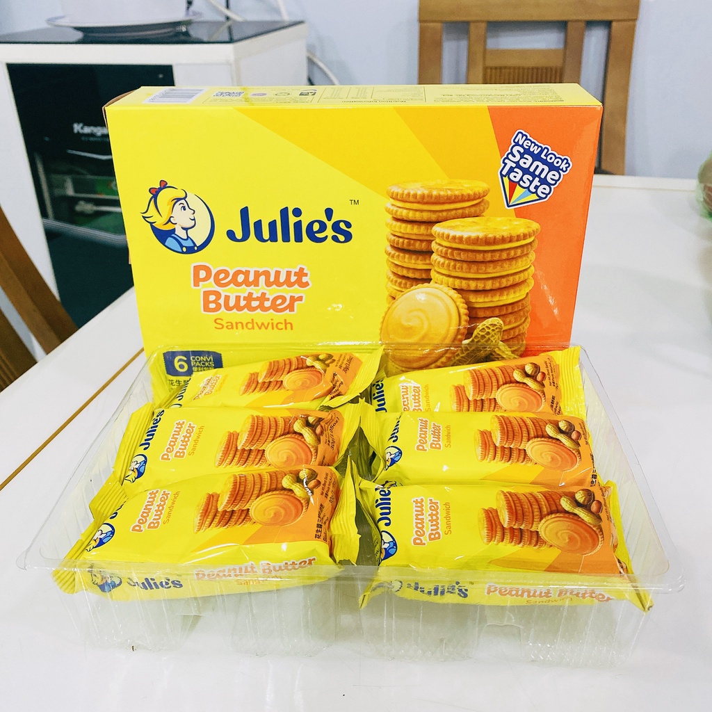 Hộp 180gram bánh quy bơ đậu phộng mẫu mới Julies - Date mới 12 tháng
