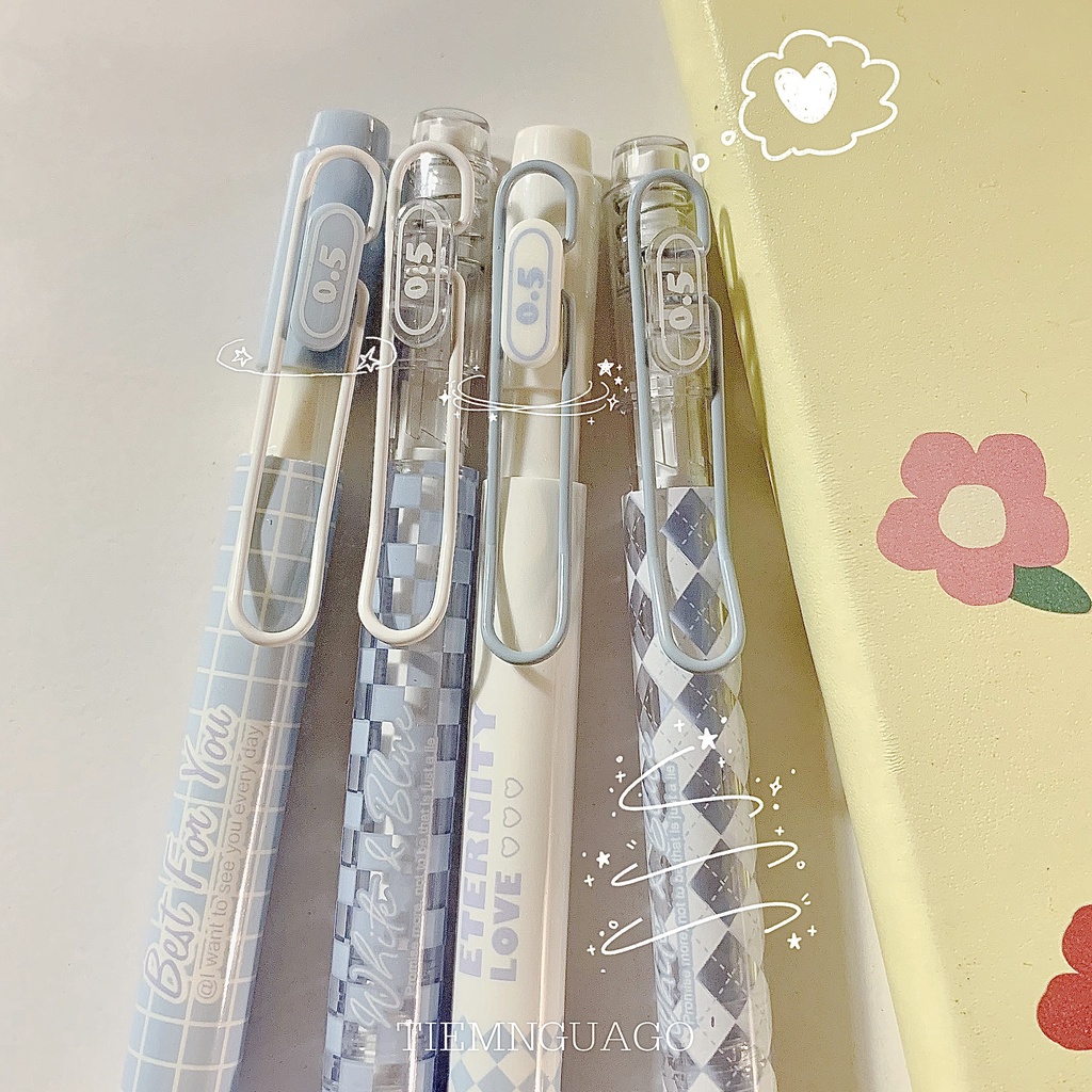 Bút gel MURA mực đen ngòi kim cao cấp 0.5mm - White & Blue - Tiệm Ngựa Gỗ