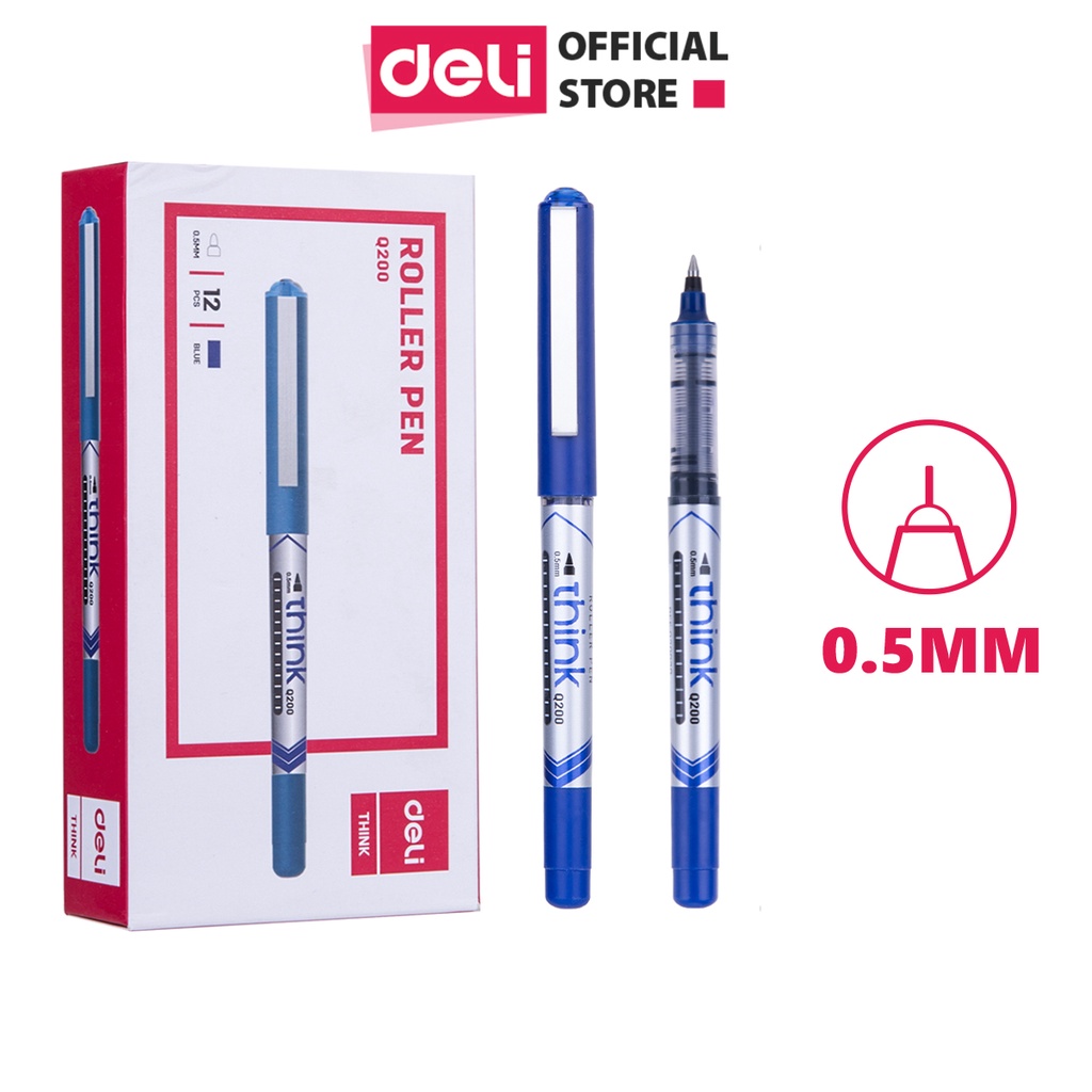 Bút ký mực gel màu xanh ngòi 0.5mm Deli nhanh khô nét viết đều đẹp lâu hết mực thân bút trong suốt kiểm tra lượng mực