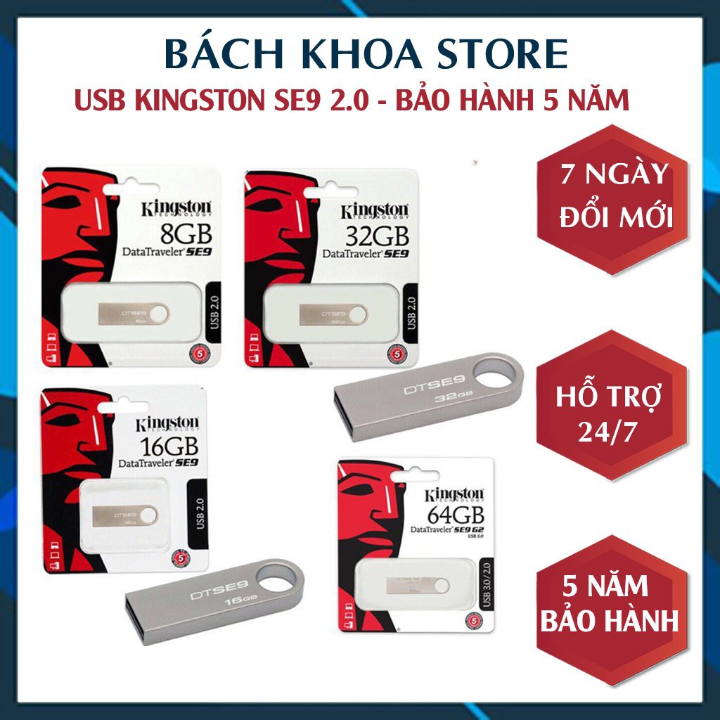 Usb Kingston SE9 2.0 64GB/32GB/16GB/8GB/4GB thiết kế nhỏ gọn, chống nước, vỏ kim loại