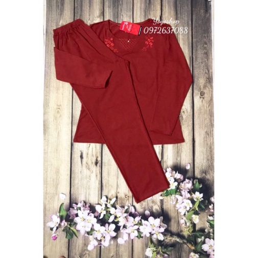 Bộ Cotton Thu Đông dài tay mặc nhà-Bộ Trung Niên Mặc Nhà Cho mẹ cho bà hình thêu hoa hai bên