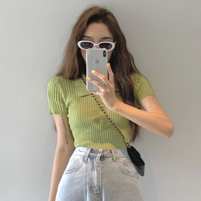 Áo thun nữ IHKKE dáng ôm tay ngắn cổ polo thời trang