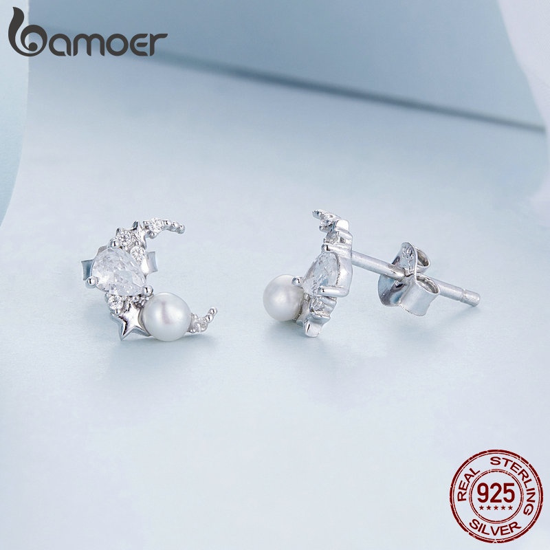 Bông tai nữ BAMOER bạc 925 đính ngọc trai giả thời trang BSE666