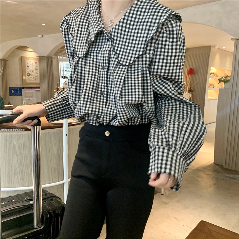 Áo sơ mi tay dài cổ búp bê họa tiết kẻ sọc phong cách retro đáng yêu cho nữ