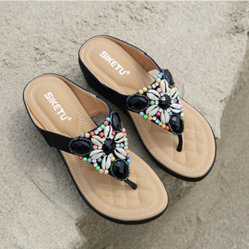 Xăng đan Đế Xuồng 5cm Đính Hạt Phong Cách bohemian Thời Trang Đi Biển Cho Nữ