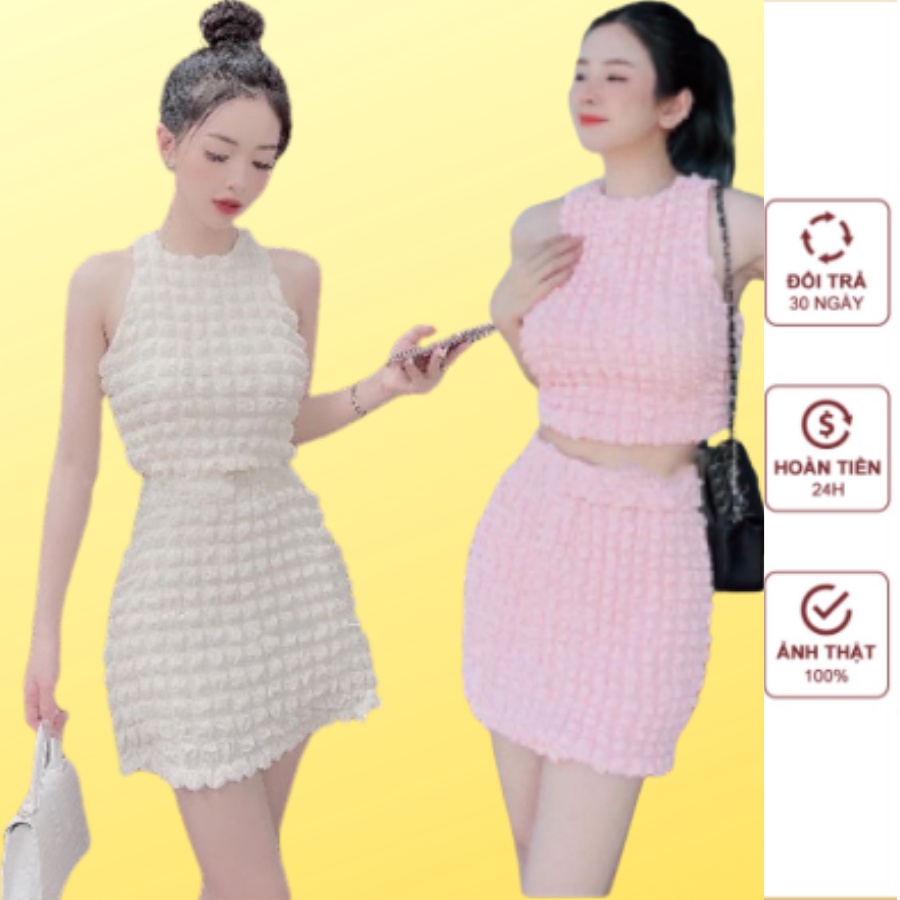 Set Váy Áo Sát Nách Dáng Crotop Ôm Body Phối Chân Váy Chữ A Chất Xốp