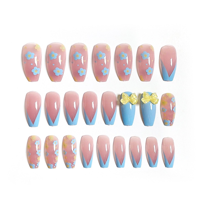 Set 24 móng tay giả đính nơ sơn xanh họa tiết hoa Jojo X23 móng giả nailbox kèm keo tự làm tại  nhà siêu kute
