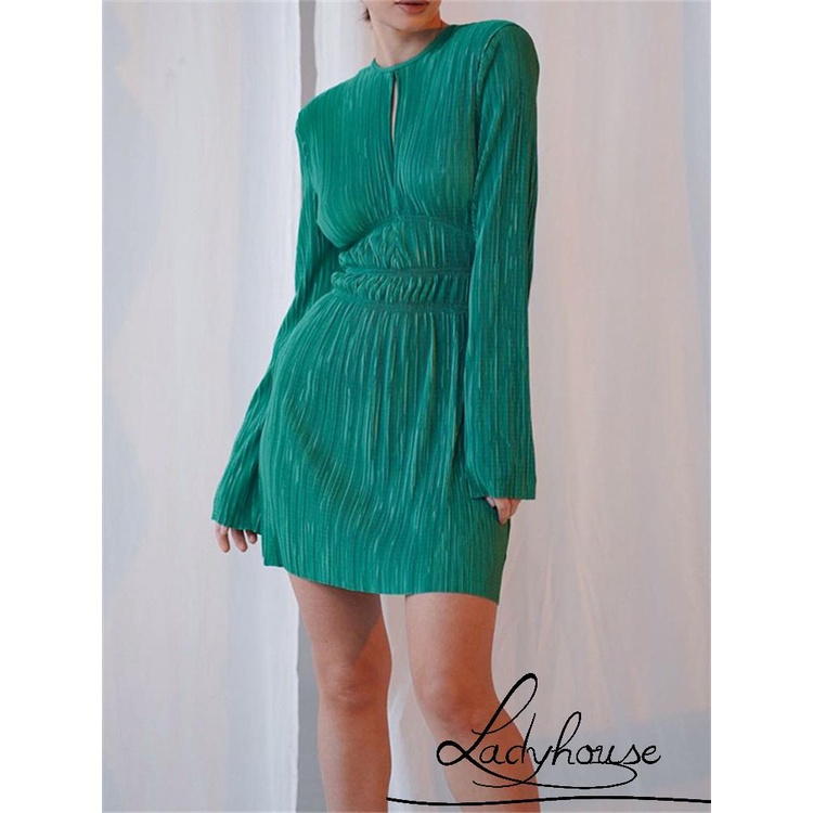 Đầm Mini Tay Dài Cổ Tròn Lưng Thun Màu Trơn / Xanh Lá / Đen Dành Cho Nữ