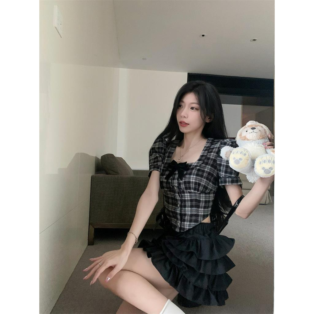 Set Áo Sơ Mi Cổ Vuông Kẻ Sọc Caro Trắng Đen Phong Cách Retro Kiểu Pháp 63588