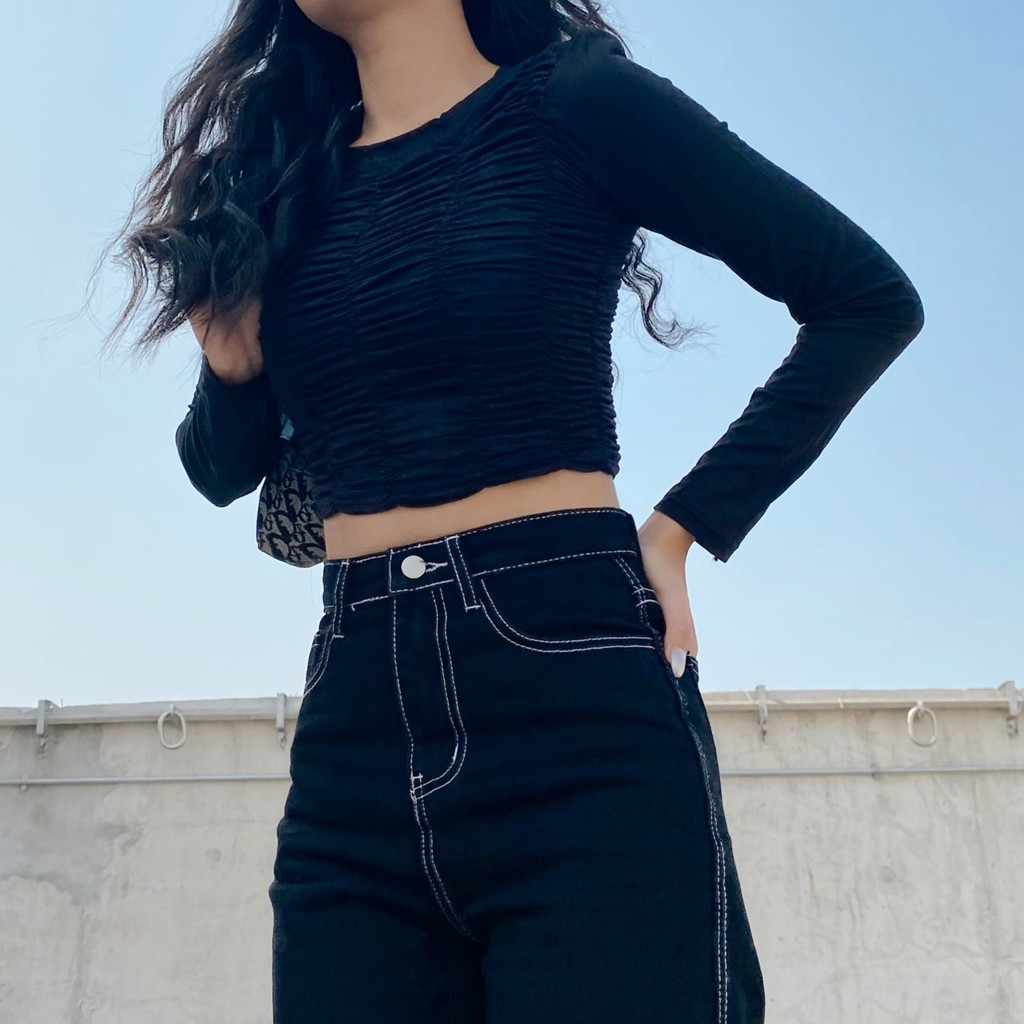 Áo croptop thun Mia Ritta nhún chun dài tay A1907 ảnh thật feedback