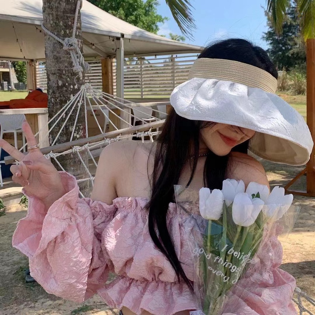 Mũ Cói Hở Đầu Phối Vải Hoa Văn 2 Mặt Vành Rộng P2137