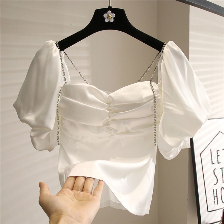 One-word collar chiffon lining careful machine leaking shoulder 100 pleated waist halter halter top 2022 Korean version thin bubble sleeve blouse