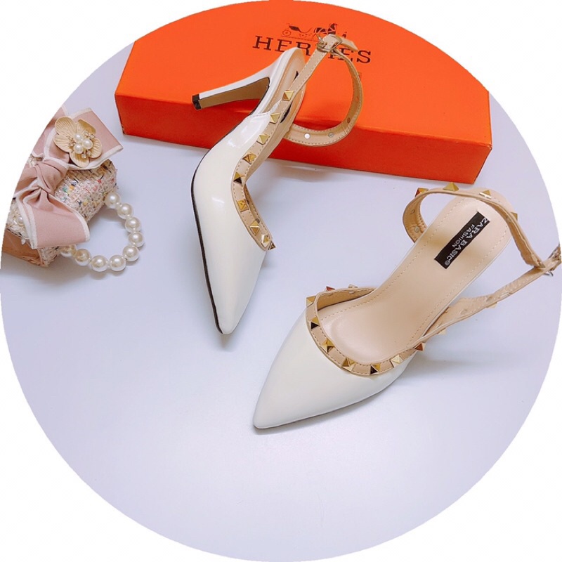 Giày cao gót nữ mũi nhọn Viền đinh da bóng gót nhọn 8p Valen chảnh hết nấc