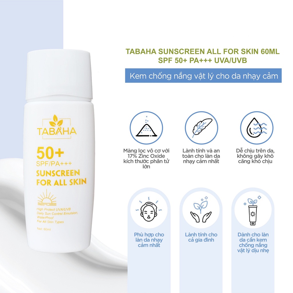 Kem Chống Nắng TABAHA Sunscreen 60ml SPF50+ PA+++ Ngăn Tia UV Cấp Ẩm Nâng Tone Da