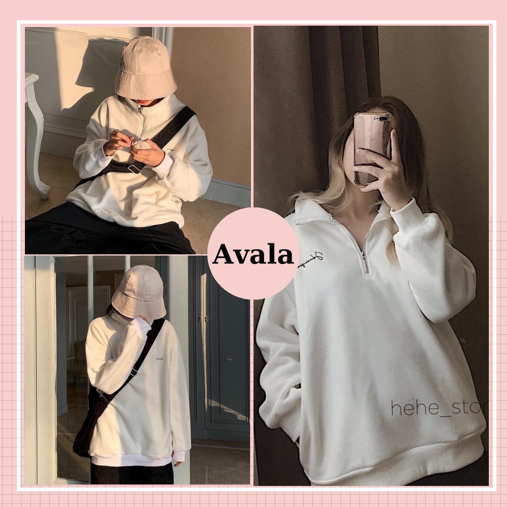 Áo Nỉ Sweater Cổ Khóa  Áo thun nỉ dài tay có cổ form rộng freesize Màu Trắng phong cách Ulzzang