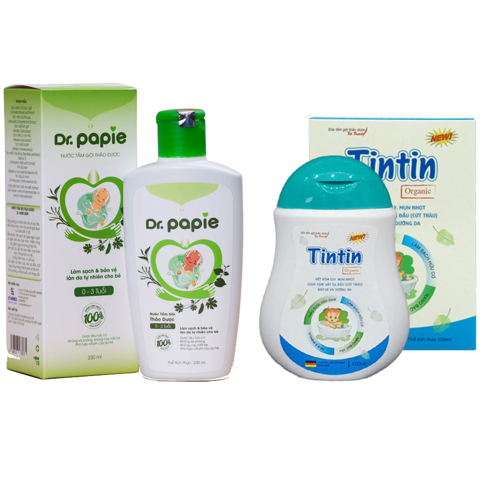 Combo Sữa tắm thảo dược cho bé Tintin và DrPapie: Bộ sản phẩm đặc trị mẩn ngứa, mụn nhọt